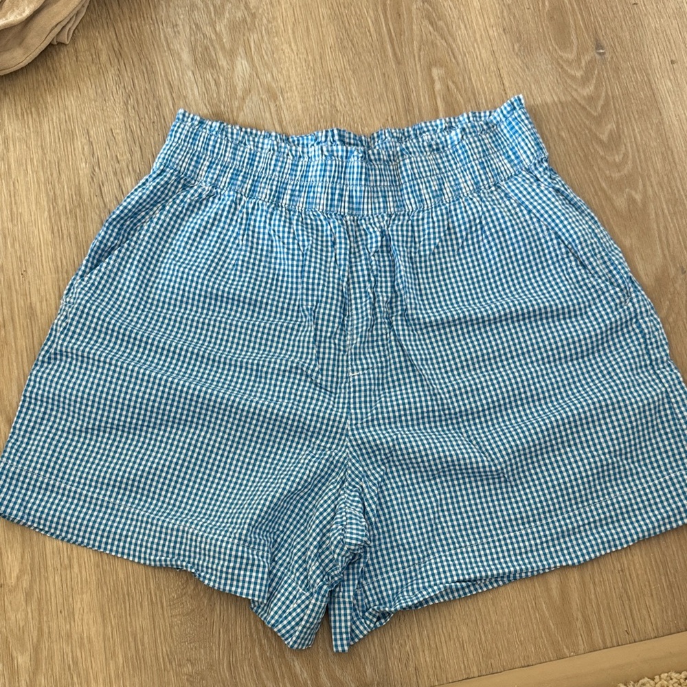 aerie Blue Gingham High-Waist Elastic Shorts